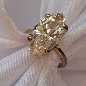 Huge Glass Faceted Crystal Clear Ring Goldtone Setting Navette Cut Size 6.5 NICE